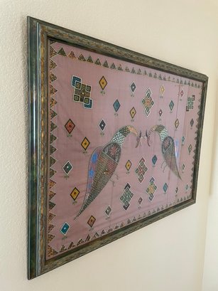 Framed Silk Embroidered Birds With Inlay Beads