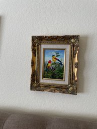 Pair Of Bright Bird Paintings In Gold Frames