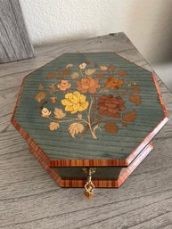 Pretty Wood Inlay Trinket Box With Key