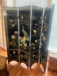 Vintage Wood, Black Lacquer Asian Screen Four Panel Room Divider With Shell Inlay