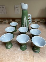 Mid Century Modern Charles & Alice Smith Pottery Pitcher Set With 8 Cups
