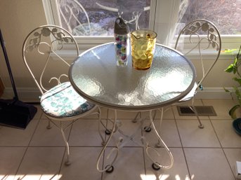 Wrought Iron Bistro Table With Two Chairs White With Glass Top