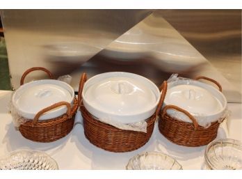 3 Porcelain Pots With Lids In Wicker Basket Totes