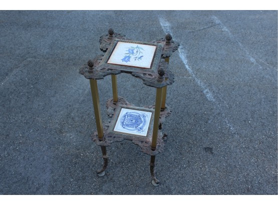 Brass And Bronze Figural Plant Stand With Tile Inlay 13' X 13' X 25'