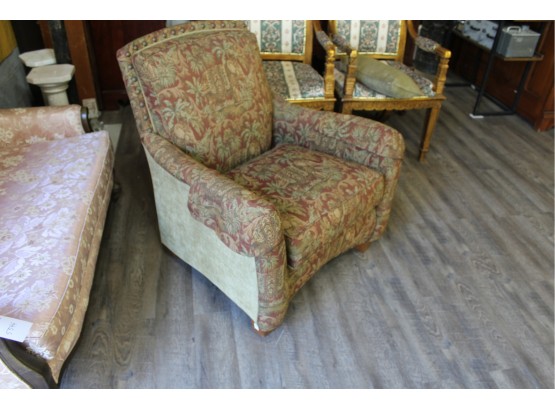Thomasville Accent Chair 36' X 36' X 30' Beautifully Upholstered Fine Woven Fabric Large Brass Button Design