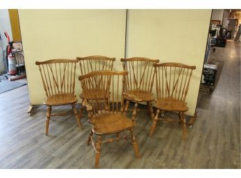 Set Of 5 Ethan Allen Dining Nutmeg Maple Fan Back Windsor Chairs (4 Side Chairs And 1 Arm Chair) Good Solid