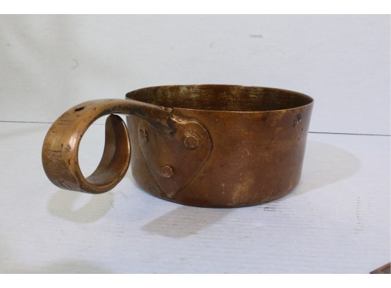 Heavy Copper Saucepan Heart Riveted Handle With Finger Roll Lined All Original Condition 3.25' Tall 7.5' Diame