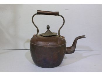 Antique Copper Tea Kettle Handmade Riveted Unusual Handle And Lid 13' Tall 8' Diameter
