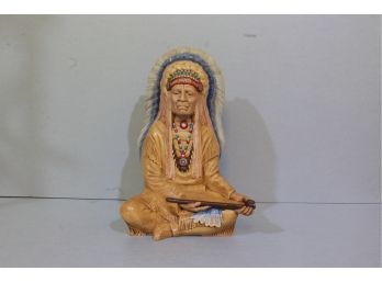 Chalkware Indian Smoking A Peace Pipe  Statue 14' Tall Excellent Condition, Minor Chip On Two Feathers