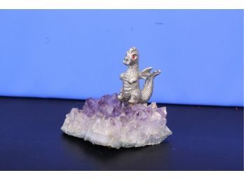 Pewter Dragon On Amethyst Figurine  See Pictures For Condition