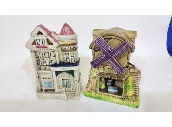 2 Houses: Building Music Box And House Wall Flower Holder