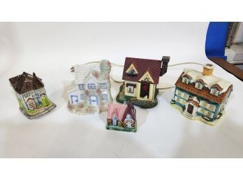 5 Village Buildings: Music Box, Lighted, Music Box And Bank, Salt And Pepper Set