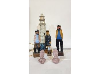 Ceramic Light House Light, Lights Up With 4 Wooden Figurines And 2 Clay Miniature Busts