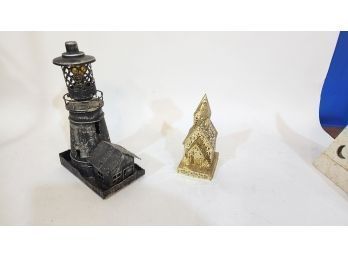 2 Tin Lighthouse Kerosene Lantern & Church Candle Burner