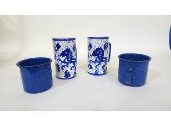 Mug Lot Pair Of Blue And White And Pair Of Tin