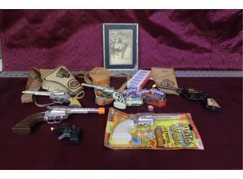 Cowboy Lot, Cap Pistol New Package, 3 Holsters, 4 Guns, 1 Small Gun, Caps, And A Black And White Child Picture