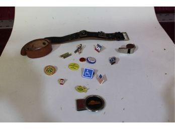 Mixed Jewelry Lot, Pins, Whistle, Watch Bands See Pictures For Details