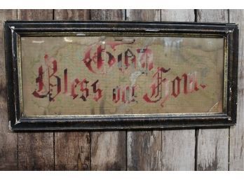 Needle Point ' God Bless This Home' Antique In Frame See Pictures For Details