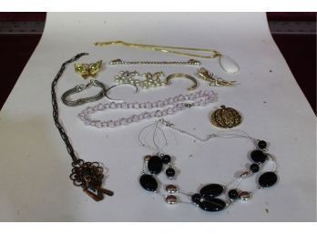 Mixed Jewelry Lot, 4 Necklaces, 3 Bracelets, 3 Pins, 2 Pairs Of Earrings, 1 Sweater Clasp, See Pictures