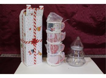 Glass Christmas Treat Jar Tree Shaped, 4 Mugs Snowmen See Pictures For Details