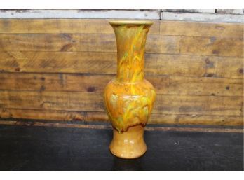 Mid Century Art Glass Vase, Orange, Green, Brown Colors 14.5' High 4.5' Opening See Pictures For Details