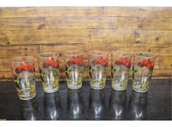 6 Large Glasses Enamel Pheasant Print Mid Century See Pictures For Details