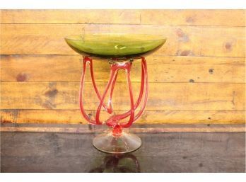 Vintage Mid Century Modern MCM Jozefina Krosno Octopus Glass Pedestal Bowl  8 3/4' Wide 9 3/4' Tall