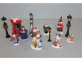 Christmas Village 3 Lamp Posts, 9 Towns People 1 Telephone Booth And 1 Town Clock