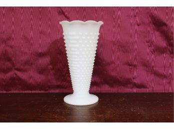 Milk Glass Hob Nail Taper Vase Ruffled Edge Footed 9.5' Tall Possibly Fire King
