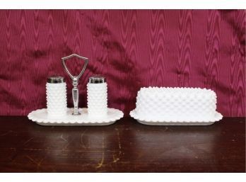 Milk Glass Salt And Pepper, Butter Dish With Lid, HobNail