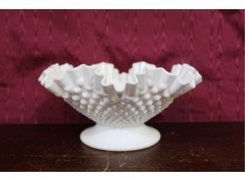 Milk Glass White Crested Hobnail Footed Candy Dish 10' Across, 5' Tall