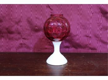 Fenton Cranberry Glass Coin Dot And Milk Glass Footed Pedestal Ivy Ball Vase