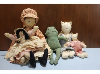 5 Softies: 2 Handmade Dolls, 2 Kitties -old Softie Collection, 1 Handmade Frog