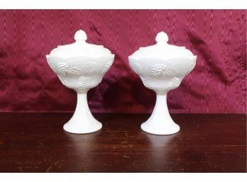 Milk Glass Matching Pair Pedestal Truffle Dish 8 Panel Grapes 10' Tall