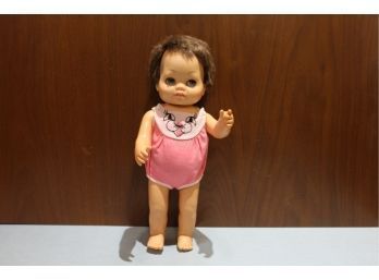 Vintage 1960 Mattel Chatty Cathy Tiny Baby Doll, Pull String Talking Doll Brown Hair, With Outfit