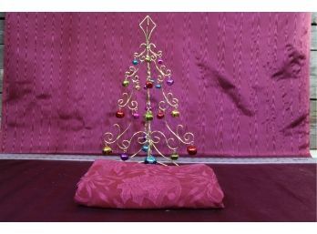 Christmas Table Cloth And Metal Folding Table Top Tree With Ornaments
