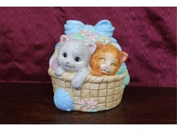 Kitten In A Yarn Basket Cookie Jar, Bench Mark New York Kittens Tiny Chip In Lid