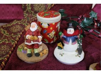 Mixed Christmas Lot 3 Candle Toppers, 1 Tree Skirt, Metal Candle Stand, 1 Jar With Lid