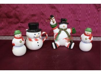 Snowmen Lot Of 4 Pieces Salt And Pepper Shakers X 2, 1 Cup, 1 Butter/ Cheese Dish With Knife