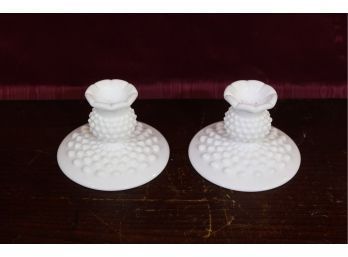 Milk Glass Pair Of Candle Holders, Hobnail 5' Base 3' Tall