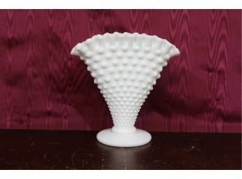 Vintage  Fenton, Milk Glass Hobnail 4' Tall Crimped Edge Fan Shaped Vase