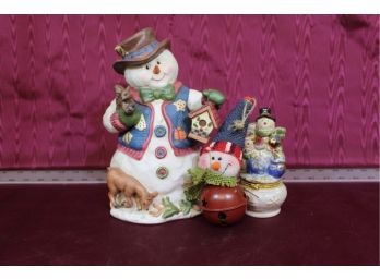 3 Piece Snowmen Lot, 1 Musical, 1 Trinket Box, 1 Ornament