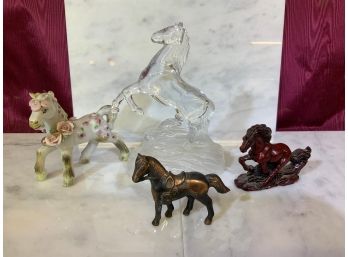 4 Assorted Horse Figurines Glass, Copper, Porcelain, Resin