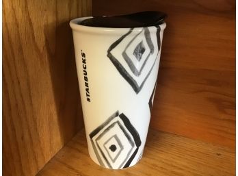 Artistic Squares 2014 Starbucks Coffee Company White To Go Cup Coffee Mug With Ceramic Lid 10 Oz
