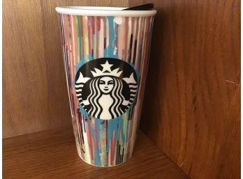 Classic Logo Rainbow Color Streak 2015 Starbucks Coffee Company To Go Cup Coffee Mug With Ceramic Lid 12 Oz
