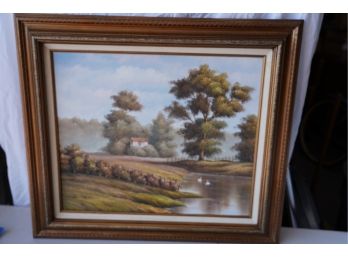 OIL ON CANVAS OF A HOUSE BY A LAKE, SIGNED, 32X27 INCHES