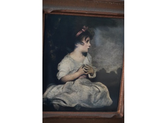 ANTIQUE PRINT ON BOARD OF A GIRL, 13.5X16 INCHES OLD FRAME