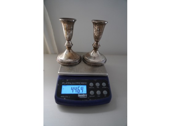 STERLING WEIGHTED SILVER CANDLE STICKS, 446.9 GRAMS