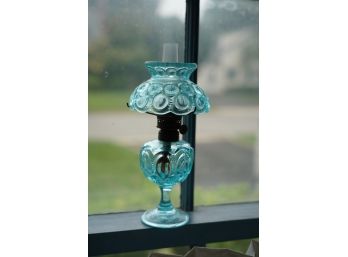 ANTIQUE BLUE GLASS CANDLE HOLDER, 9IN HEIGHT