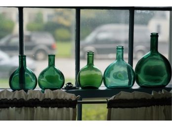 LOT OF 5 GREEN GLASS LIQUOR VASES